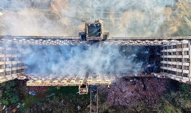 Photos show the building completely hollowed out by the fire, with its roof destroyed