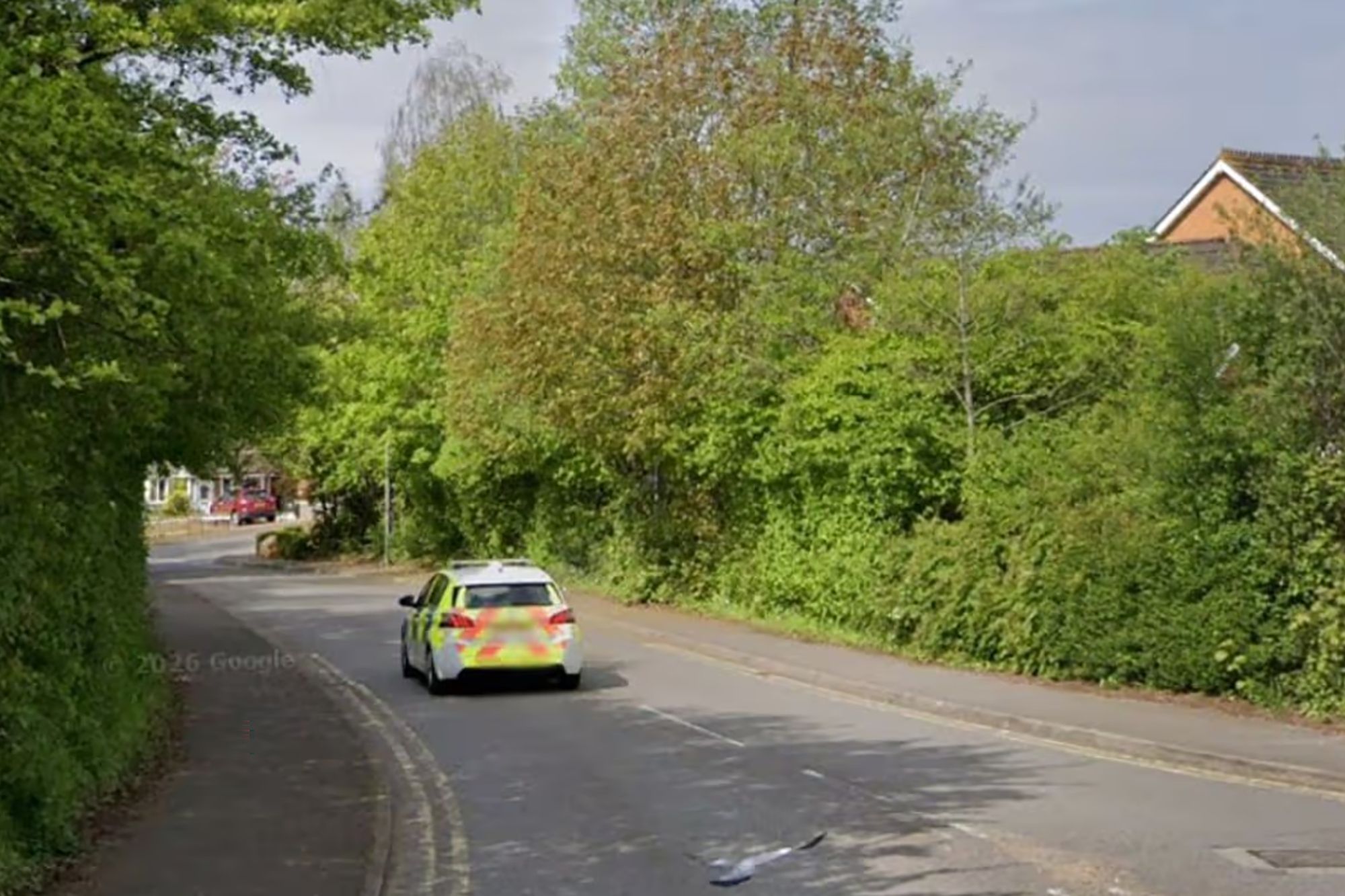 An image collage containing 1 images, Image 1 shows A police car with yellow and white checkered markings on its rear drives away on a tree-lined street