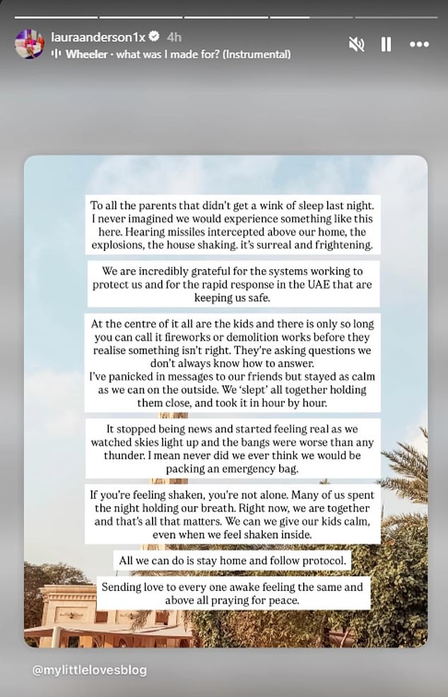 Laura Anderson wrote on Instagram about her fears and concerns over what was going on overnight