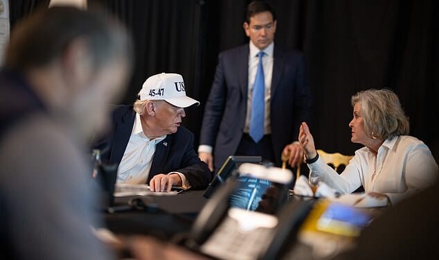 Trump speaks to White House Chief of Staff Susie Wiles while Marco Rubio stands in the background