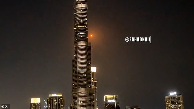 The UAE confirmed it was hit by a ballistic missile and six drones following a barrage of 131 suicide drones in a furious 'revenge' attack. The Burj Khalifa was narrowly missed in a drone strike in the city last Sunday (pictured)