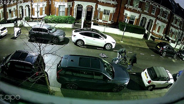 In video footage shared with the Daily Mail, the thieves are seen carrying the bikes along Gabby's street in Clapham, south London