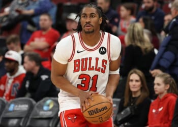 Jaden Ivey #31 of the Chicago Bulls is pictured in a file photo warming up before a Feb. 7 game against the Denver Nuggets in Chicago, Illinois.