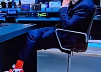 ITV's Robert Peston was mocked by viewers for his bright red socks and trainers, which were on show during an ITV News segment covering the conflict in the Middle East