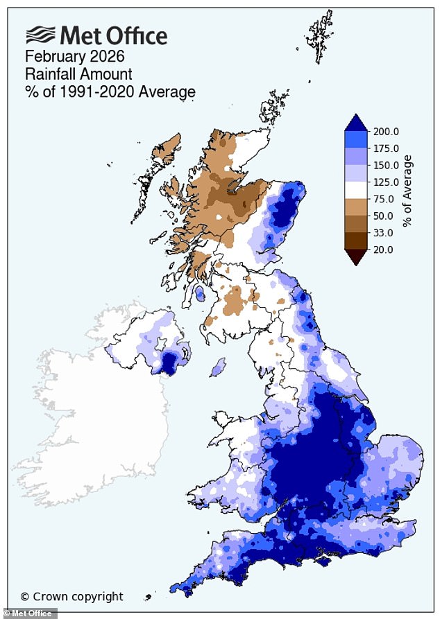 Across the entire UK, February was 23 per cent wetter than average - which experts have attributed to climate change