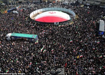 Thousands of Iranians gathered to attend the funeral procession for Iranian security chief Ali Larijani and his son in Tehran on Wednesday