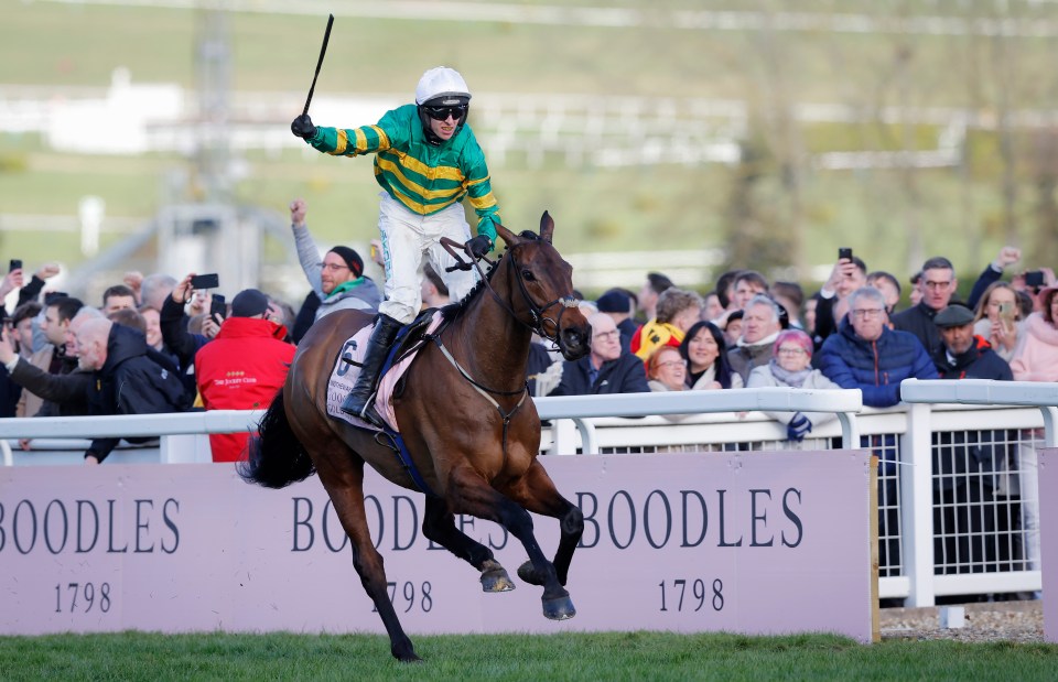 Mark Walsh on Inothewayurthinkin celebrates winning the Gold Cup at Cheltenham.