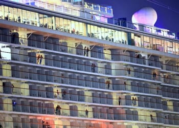 Thousands of cruise line passengers are trapped in ports in the Gulf due to the war in the Middle East. Pictured: A cruise ship is docked at the terminal close to the old port, in Doha, Qatar