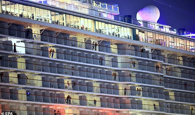 Thousands of cruise line passengers are trapped in ports in the Gulf due to the war in the Middle East. Pictured: A cruise ship is docked at the terminal close to the old port, in Doha, Qatar