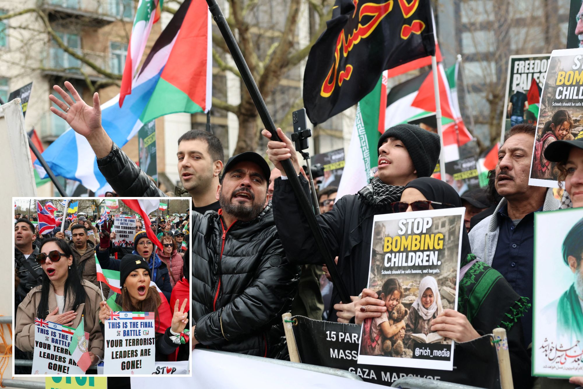 An image collage containing 2 images, Image 1 shows Static protest to mark Al-Quds Day in support of the Palestinian people, in London, Image 2 shows Counter-protesters demonstrate while a protest to mark Al-Quds Day takes place in London