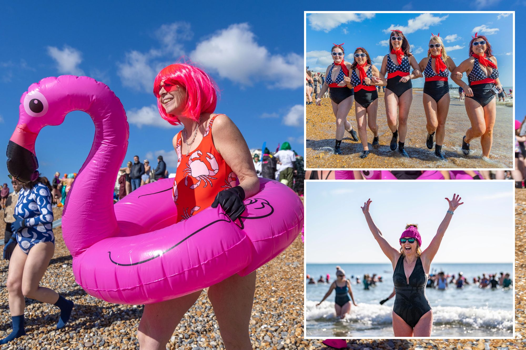 An image collage containing 3 images, Image 1 shows Women in swimsuits and pink wigs carry flamingo inflatables on a pebble beach, Image 2 shows Five women in polka-dot swimsuits and red scarves walking arm-in-arm on a beach to raise money for Surfers Against Sewage, Image 3 shows Woman in a swimsuit with arms raised in victory at The Big Swim event, with other swimmers in the water behind her