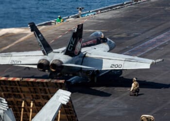 An F/A-18E Super Hornet launches from the USS Abraham Lincoln on Saturday in support of Operation Epic Fury, the American attack on the Islamic Republic of Iran.