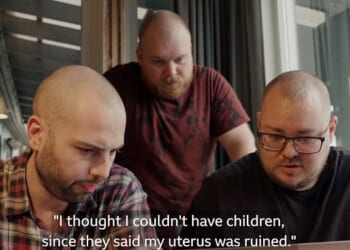 A trans man has laid bare the emotional journey of becoming pregnant and raising a baby with his two gay partners. Pictured right, Kris, who became pregnant. Left, his partner David, and centre, his partner Sindre