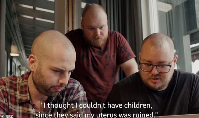 A trans man has laid bare the emotional journey of becoming pregnant and raising a baby with his two gay partners. Pictured right, Kris, who became pregnant. Left, his partner David, and centre, his partner Sindre