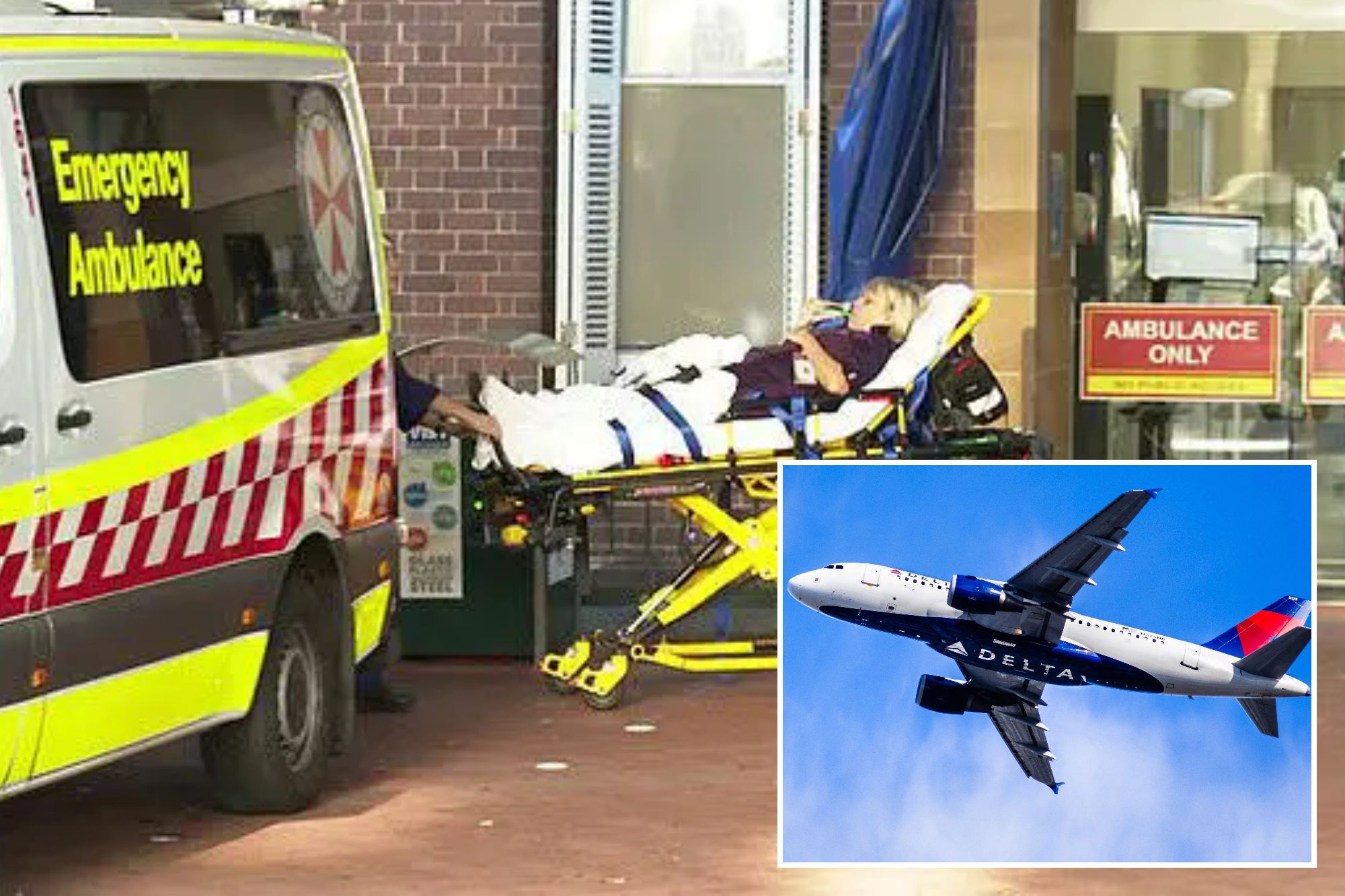 An image collage containing 2 images, Image 1 shows A person on a stretcher is being transported from an ambulance into a building, Image 2 shows Delta Airlines aircraft with its logo on the underbelly, captured in mid-flight against a clear blue sky