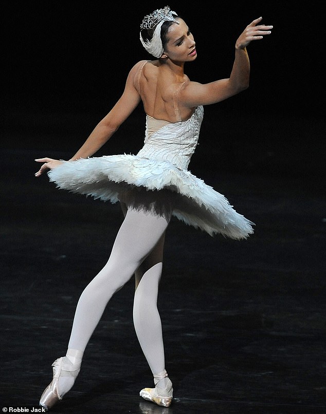 Francesca Hayward is pictured performing in Swan Lake at the Royal Ballet's venue, the Royal Opera House, colloquially called 'Covent Garden' after its London neighborhood