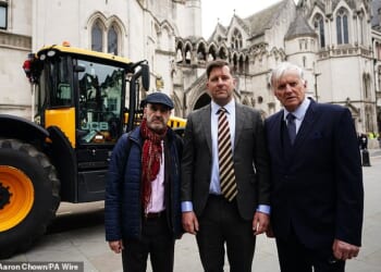 Businessman Steve Perez (left) with farmers Tom Martin (centre) and his farther George Martin (right) outside the Royal Courts of Justice