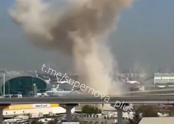 Explosions were reported near Dubai International Airport around 8am local time (4am GMT), with a fire seen burning close to the complex after another suspected Iranian drone attack