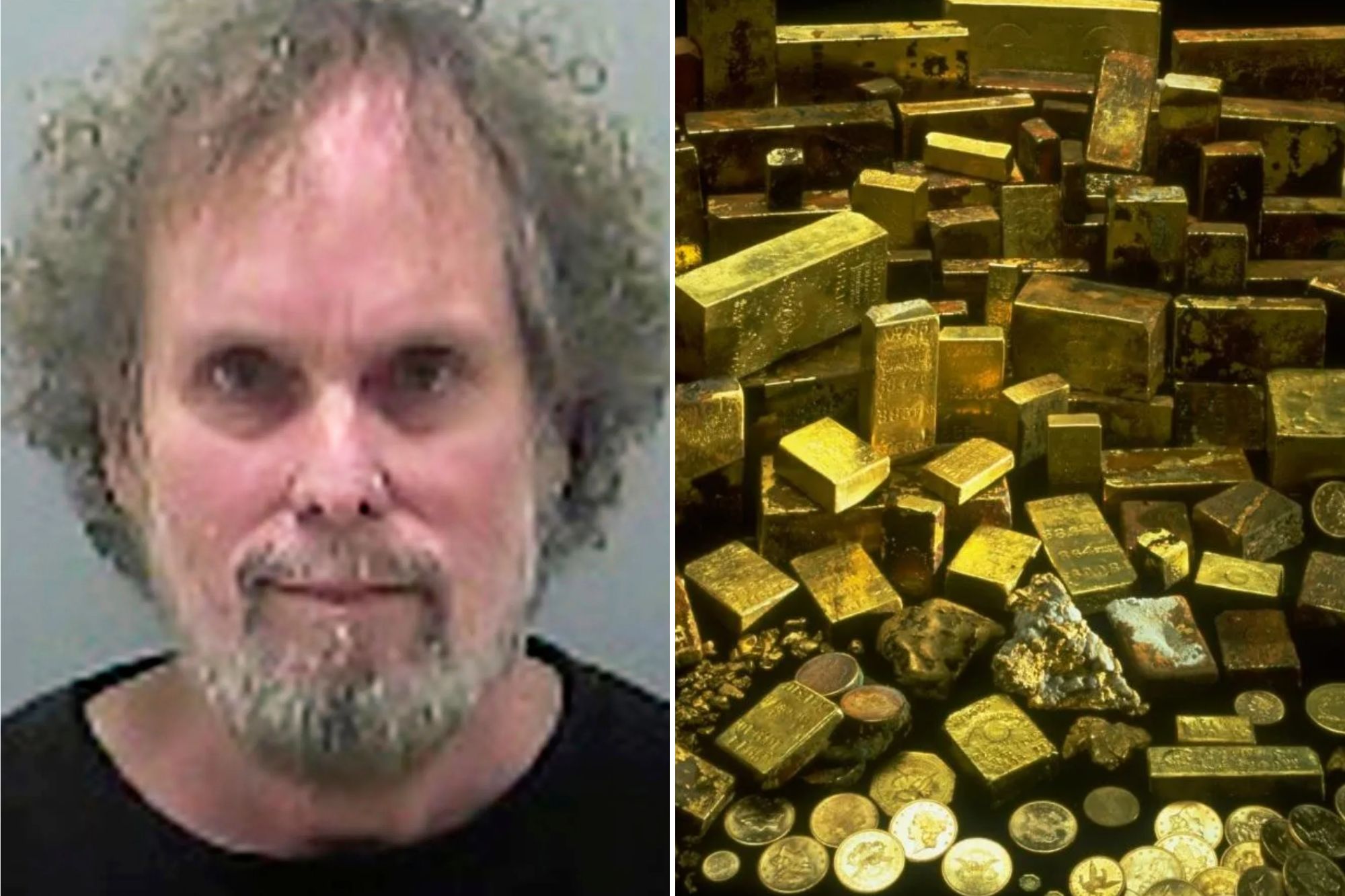 An image collage containing 2 images, Image 1 shows Treasure Hunter Missing Gold, Image 2 shows A collection of gold bars, nuggets, and coins