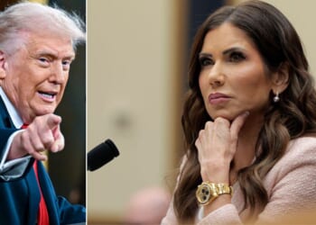 President Donald Trump announced Thursday he has fired Homeland Security Secretary Kristi Noem, right.