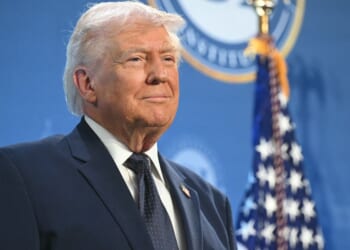 President Donald Trump acknowledges the applause of attendees to the Republican Members Issues Conference at Trump National Doral in Miami, Florida, on March 9, 2026.