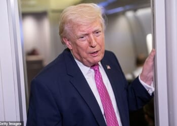 President Donald Trump speaks to reporters on board Air Force One Sunday night. Fresh polling from the Daily Mail and JL Partners shows Trump getting a 3 point bump, after he said the US was negotiating with Iran for a ceasefire deal