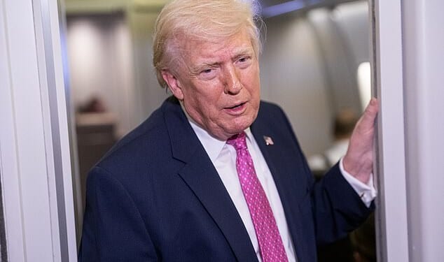 President Donald Trump speaks to reporters on board Air Force One Sunday night. Fresh polling from the Daily Mail and JL Partners shows Trump getting a 3 point bump, after he said the US was negotiating with Iran for a ceasefire deal