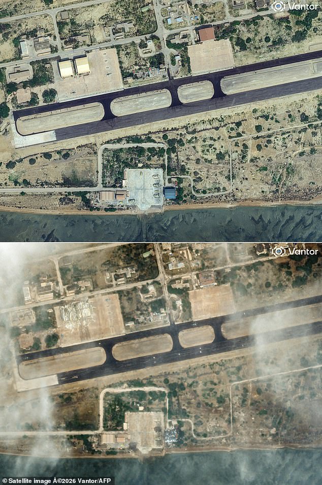 This combination of pictures created on March 11, 2026 using satellite image released courtesy of Vantor shows an overview of Havadarya airbase in Bandar Abbas, Iran, on February 27, 2026 (top) and on March 11, 2026 after airstrikes
