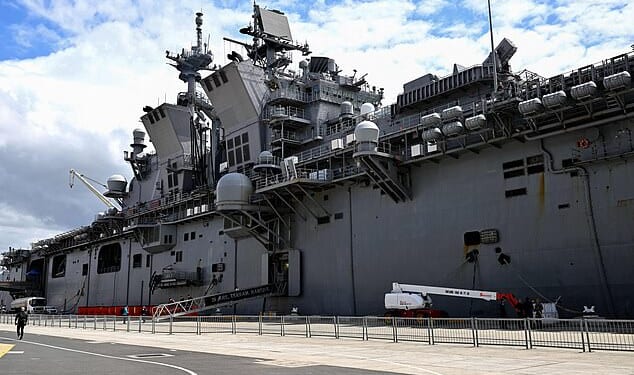 The US Navys USS Tripoli (LHA-7) amphibious assault ship is seen docked at fleet base in Sydney on November 4, 2022