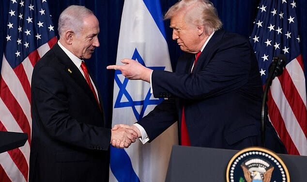 Donald Trump points his finger towards Israeli Prime Minister Benjamin Netanyahu as they shake hands during a press conference after meeting at Trump's Mar-a-Lago club in Palm Beach, Florida, U.S., December 29
