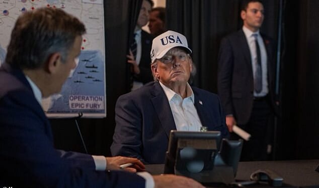 Trump is pictured in the situation room at Mar-a-Lago, on the night that the US obliterated Iran's Supreme Leader's home, killing him