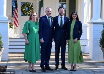 JD Vance and Second Lady Usha Vance greet the Taoiseach of Ireland, Micheal Martin, and his wife Mary O'Shea for a St Patrick's Day breakfast at the Vice President's residence