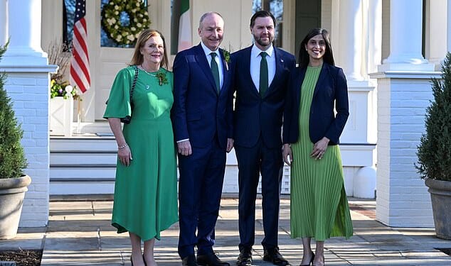 JD Vance and Second Lady Usha Vance greet the Taoiseach of Ireland, Micheal Martin, and his wife Mary O'Shea for a St Patrick's Day breakfast at the Vice President's residence