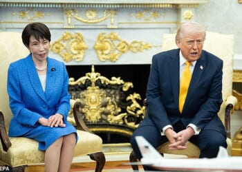 President Donald Trump (right) made a quip about Pearl Harbor on Thursday during a meeting with Japanese Prime Minister Takeuchi Sanae (left)