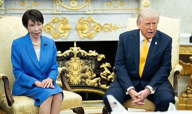 President Donald Trump (right) made a quip about Pearl Harbor on Thursday during a meeting with Japanese Prime Minister Takeuchi Sanae (left)