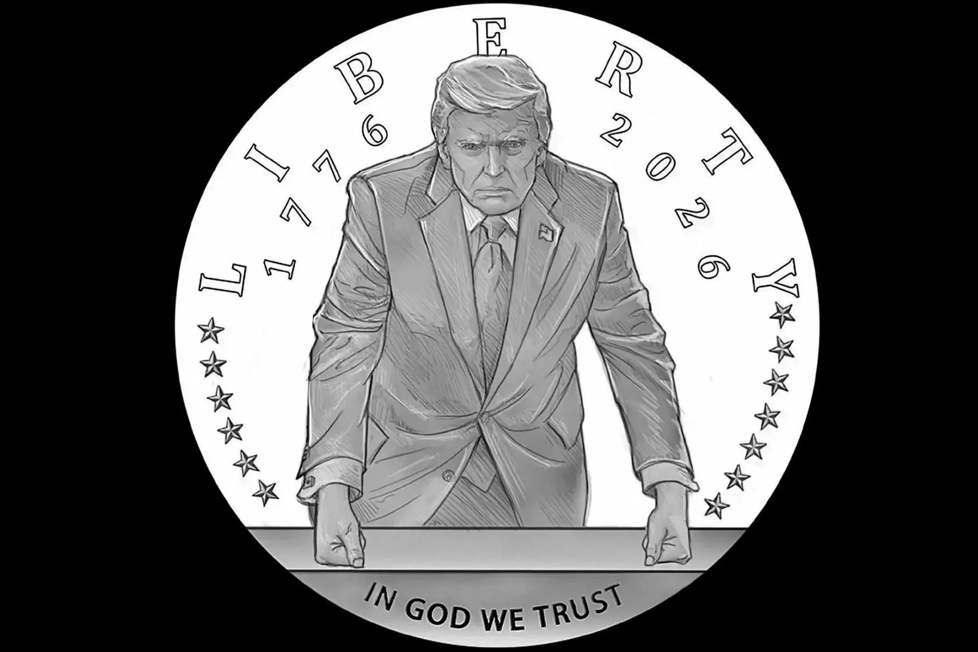 An image collage containing 1 images, Image 1 shows Illustration of a proposed U.S. Mint gold coin design featuring former President Donald Trump