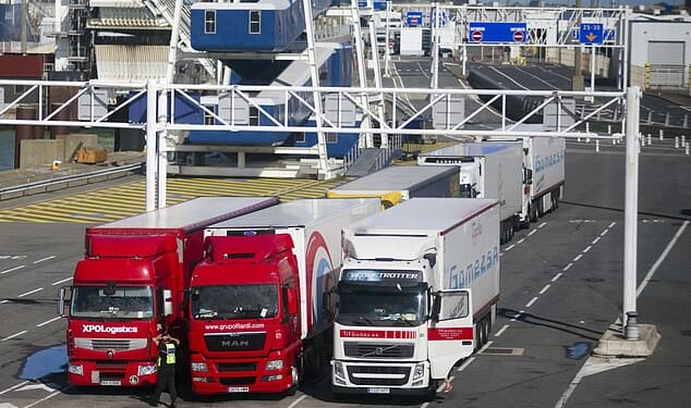 The men ¿ who have not been named ¿ were arrested by French police in Calais on Friday as the vehicle they were in prepared to board a ferry (Stock image of lorry in Port of Calais)