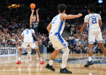 A guard playing for the University of Connecticut scores the winning basket in a game against Duke in the Elite Eight of the NCAA college basketball tournament on March 29, 2026.