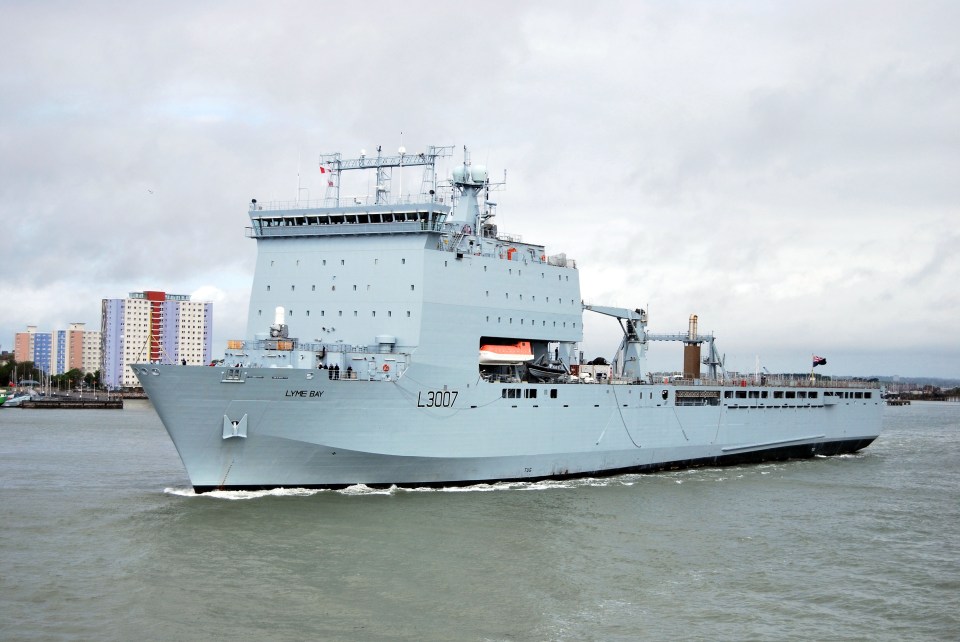 The ship RFA Lyme Bay departs from Portsmouth for the Solent.