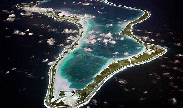 An aerial view of Diego Garcia, which faced an attempted rocket attack this weekend