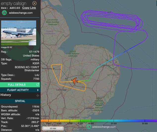 The plane, REACH 123, is one of the US military's large refuelling aircraft, used to top up American bombers mid-flight during long-range missions. It later appeared to have landed safely