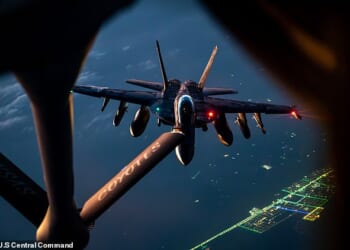A United States Air Force refueling plane has gone down in Iraq during the US-Israel conflict with Iran. Pictured: A US Air Force KC-135 Stratotanker refuels a Navy Super Hornet during Operation Epic Fury earlier Thursday