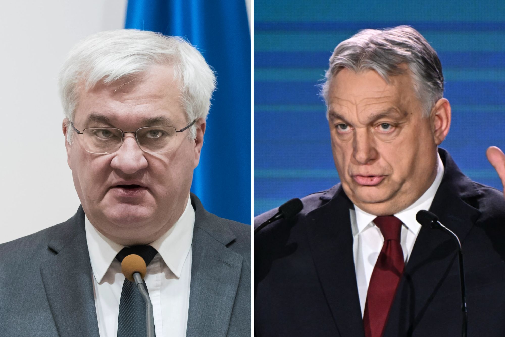An image collage containing 2 images, Image 1 shows Dutch Foreign and Defence Ministers visit Kyiv, Image 2 shows Hungarian Prime Minister Viktor Orbán speaks at a podium with two microphones, gesturing with both hands