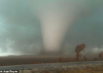 A massive tornado watch stretching more than 1,000 miles along the US East Coast has been issued on Monday as a dangerous storm system moves north. Pictured is a monster tornado that hit Indiana last week