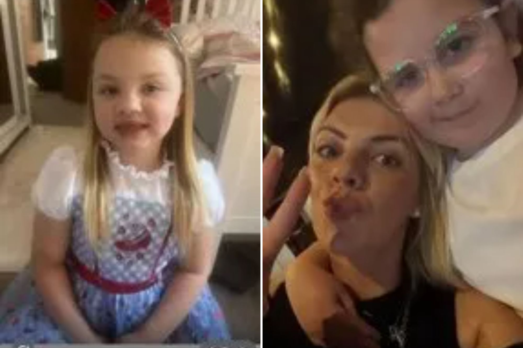 An image collage containing 2 images, Image 1 shows A young girl with long blonde hair and red bows in her hair, wearing a white and blue dress, Image 2 shows A young woman and a girl posing for a selfie