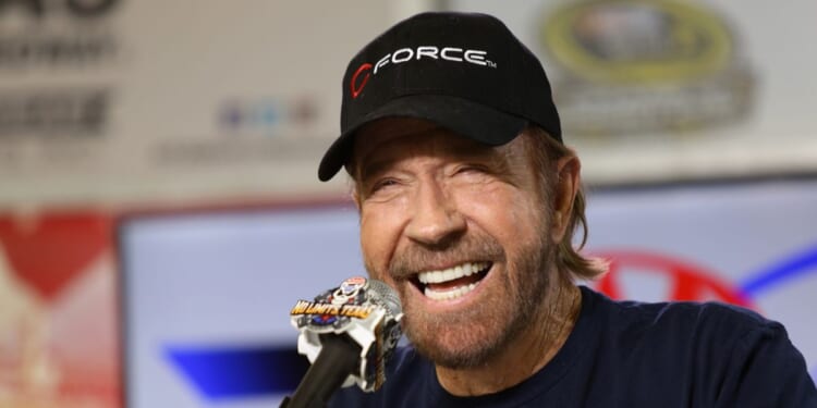 Chuck Norris speaks with the media during a press conference prior to the NASCAR Sprint Cup Series AAA Texas 500 at Texas Motor Speedway on Nov. 6, 2016, in Fort Worth, Texas.