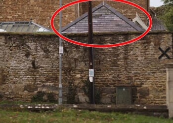 The slate roof of the pergola is visible from the road outside of Geri Halliwell-Horner and husband Christian Horner's property