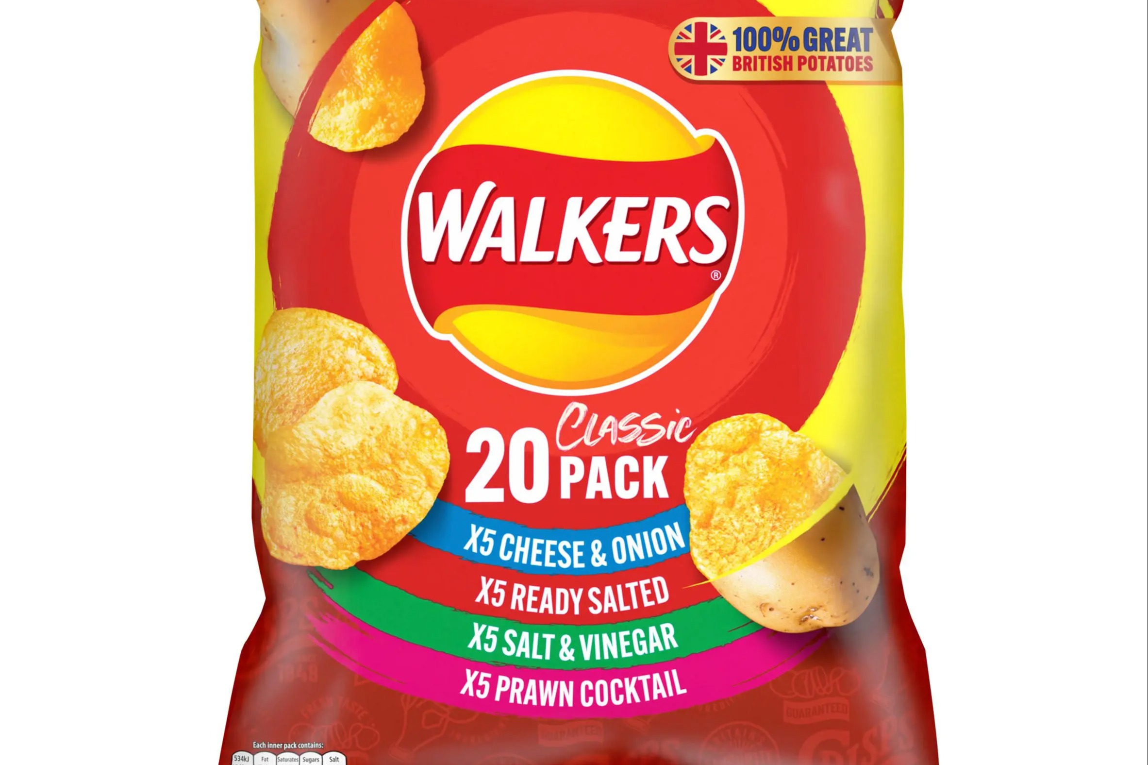 Illustration of a red bag of Walkers Classic 20-pack crisps containing five packs each of Cheese & Onion, Ready Salted, Salt & Vinegar, and Prawn Cocktail flavors.