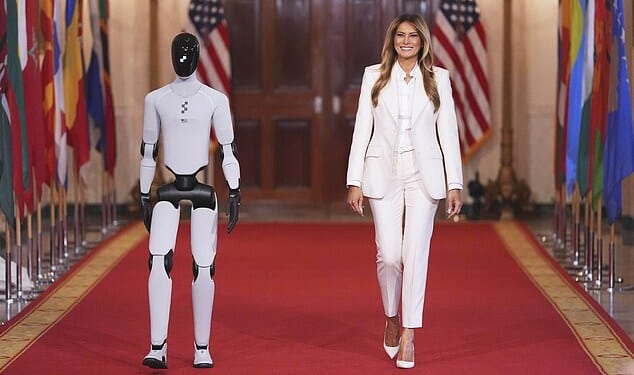 First Lady Melania Trump (right) made a grand entrance at her Fostering the Future Together White House event Wednesday, alongside Figure 3 (left), a humanoid robot made in the United States