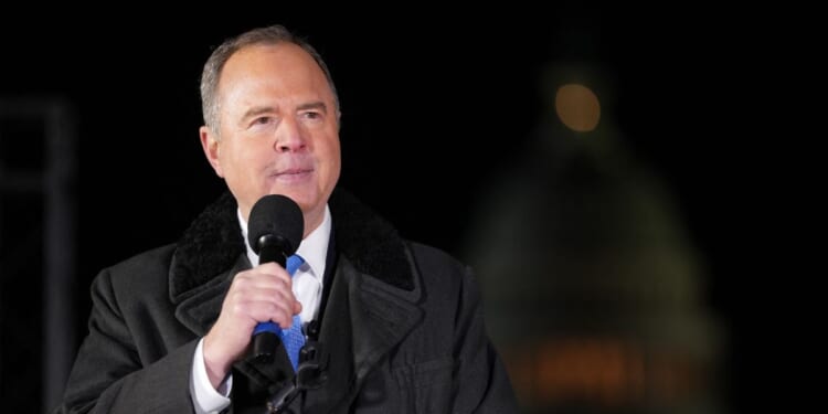 Sen. Adam Schiff, a Democrat from California, speaks during the "People's State of the Union" at the National Mall in Washington, D.C., on Feb. 24, 2026.